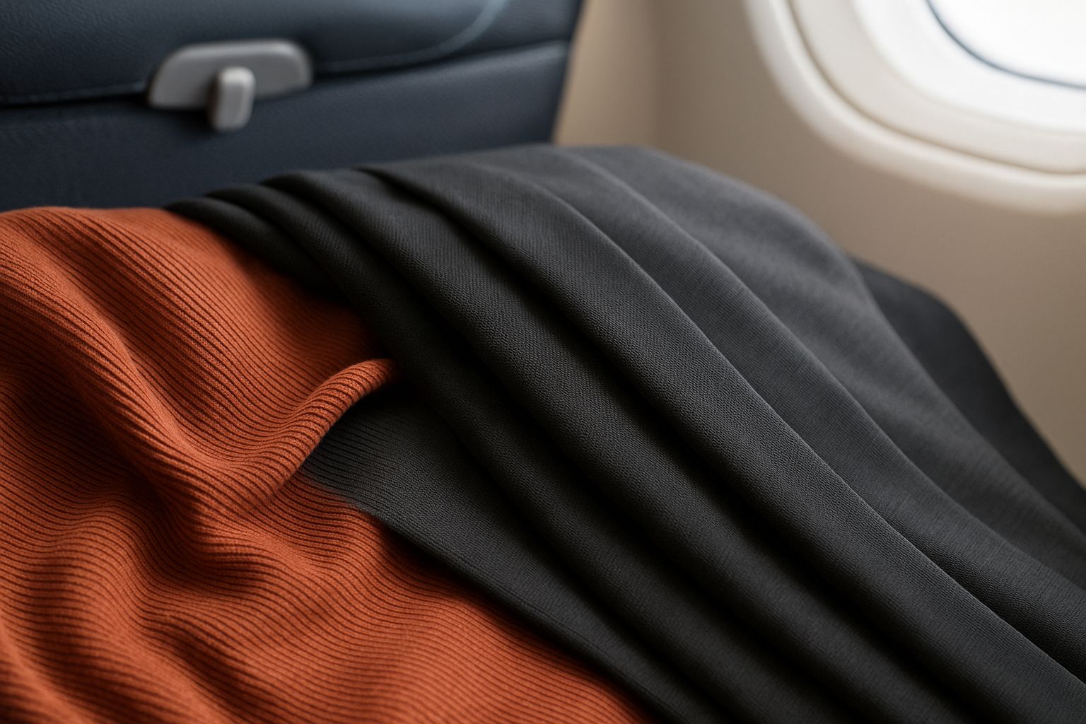 Nærbilde av et mykt, pustende og tøyelig stoff, ideelt for reisekomfort.